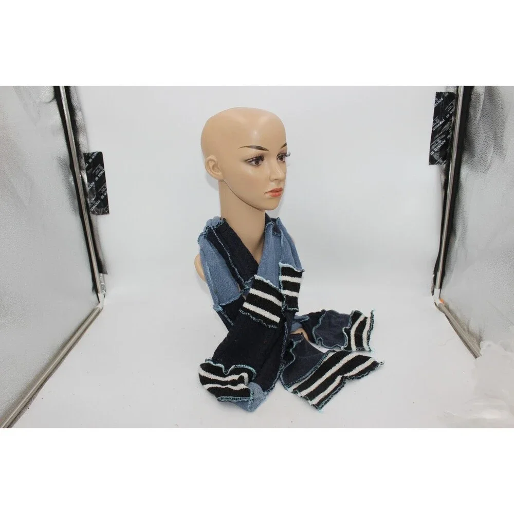 Scarf Upcycled Blue Black White Sweaters Winter Scarf Stripes 8' Long Handmade